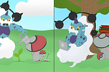 Left panel: A picture of Thundurus and Amoonguss planting a sapling. Right picture: Thundurus and Amoonguss are under the tree that has grown.