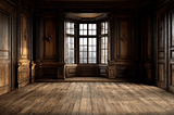 A large, empty, wood-paneled room.