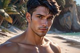 A hot guy with short black hair, shirtless, on the beach.