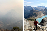 air pollution from fires obscure King’s Canyon National Park (left), one of few remaining glaciers melting (right)