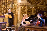 Trio Inconfidência,Igreja Sto antônio, Tiradentes,MG. Conceição cipolatti, Pedro Bielchovsky (cello), o autor (flauta)