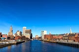 Providence River, lined by buildings in Providence, RI