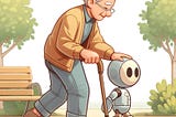 A cartoon of an elderly man, slightly bent over, being assisted by a robot that looks like a doll or a toy, as they walk together in a peaceful park.