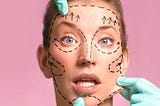 A woman with no wrinkles has lines drawn on her face, indicating where she needs a face lift