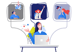 Illustration describing a person with a computer in a videoconference with other peers. Working remotely.