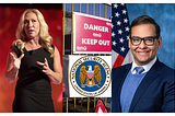 Marjorie Taylor Greene & George Santos on either side of a gate saying “Danger Keep Out” with the NSA Seal below it.