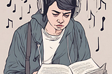 Computer generated photo of a person trying to read while listening to music — looking somber.