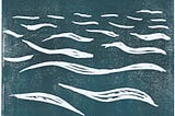 A linocut of ocean waves.