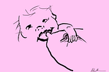 A sketch of a very toothy baby approaching a nipple, hand pinching flesh