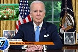 Still from TV of President Biden making an Oval Office address, news chyron has a channel 7 logo and says, “Breaking News — Biden Plans for Immunity” with an inset frame of a drone’s view: green tinted aerial view of the Supreme Court building with a red gunsight centered on it and display text reading, “MQ-1B Predator • special POTUS tasking / Status: loiter / Mode: target acquisition”
