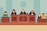 Courtroom Illustration with a witness, a panel of judges, and a jury.