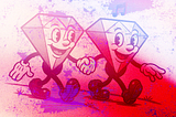 Two cartoon diamonds walking down a street holding hands