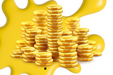 A pile of golden coins in front of a splotch of slime/snot