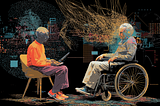 An abstract digital illustration depicting a collaborative interaction between two people against a black background. One person sits in a chair holding a tablet, while the other sits in a wheelchair facing them. Between their heads, a vibrant explosion of golden and blue lines, dots, and circuit patterns symbolizes a digital or neural connection. The style uses textured stippling and intricate linework to blend human connection with technology.