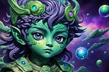 Image of a green alien with purple hair and a cosmic background generated with the assistance of Night Café AI exclusively for Cheryl Evans, Business Witch Academy.