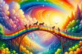 Pets crossing a rainbow bridge with a swirling sunset in the background and doves flying above.