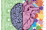 Half brain with computer circuits on the left, half heart with color splashes on the right.