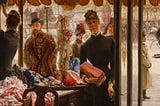 The painting depicts a young woman standing inside a shop selling ribbons and dresses. In one hand she holds a wrapped package of newly purchased items. With the other she holds open the door to the store for the viewer to depart. The shop is filled with piles of ribbons. Outside a busy Parisian street scene is visible through the shop windows. A well dressed man stares in through the window and is greeted by the other girl in the shop.