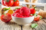 Picture of ice cream made from tomatoes; vegetable waste products can often be used for new products