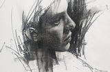 Pencil sketch of a contemplative face in profile. Loose lines and shading suggest depth and introspection, with abstract elements in the background.