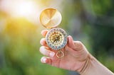 Hand holding a compass with greenery and light in background