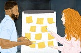 An illustration of a man and a woman doing a hands on activity with sticky notes.