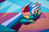 A stylised, brightly coloured image depicting two intertwined hands