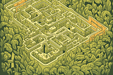 A maze buried in green leaves. There is a doorway and an orange corner.