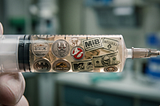 A hypodermic syringe filled with tiny coins and notes depicting cultural touchstones of the 80s and 90s.