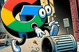 IMAGE: A comic-style illustration of the Google logo humorously falling into a trash can, capturing the moment in an urban setting