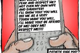 Cartoon image of somebody typing a text on a phone. The caption reads, “Pathetic rage post.”