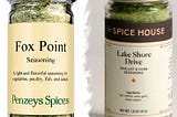 A collage of two images — on the left, a jar of Penzeys Spices’ Fox Point Seasoning, and on the right, a jar of The Spice House’s Lake Shore Drive seasoning.