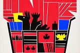 abstract linocut-style image depicts a red shopping cart full of maple leaves, moose and beavers