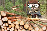 A bearded gopher with a lightsaber cutting up some logs