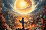 A boy stands on the books, with a book as a backpack, looking at the epic cityscape.
