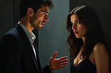 A man explaining himself to a woman who has nefarious eyes.