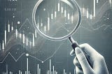 Magnifying glass looking at candlestick patterns for technical analysis price action trading