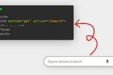 A search box with an arrow pointing to the HTML code: <search> <form method=”get” action=”/search”> … </form> </search>