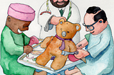 Cartoon showing Muslim, Jewish and Anglophone medical specialists mutilating a teddy bear.