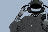An AI-generated stylized image of a blindfolded man wearing headphones and holding a weird gaming controller in his hand