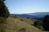 Mountains with a few trees showing a pathway across the slope of the incline.