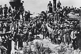 Promontory Point, Utah, during the driving of the Golden Spike connecting the United States, east and west.