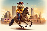 Illustration of a Minnesota Goldy gopher mascot riding a horse in front of a city.