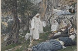 A painting of Jesus instructing the disciples to rest. Jesus stands among them, in white, as they lie on the ground around him.
