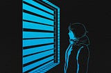 A black and turquoise digital illustration of someone bundled in a coat looking through a window