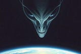 A large gray alien looking down ominously at the Earth from space