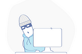 Cartoon rendering of a bandit with mask and beanie. Bandit looks like he about to carry away a desktop monitor and mouse.