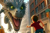 A ginormous dragon is chasing a little boy in the dowwntoen area of a big city.