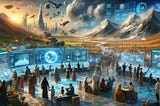 Future landscape with screens, cities, and a variety of people