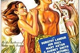 A colorful movie poster for the 1937 movie “The Hurricane” showing a woman with red hair blowing behind her in the wind as she clutches a bare-chested man who is wearing native dress.